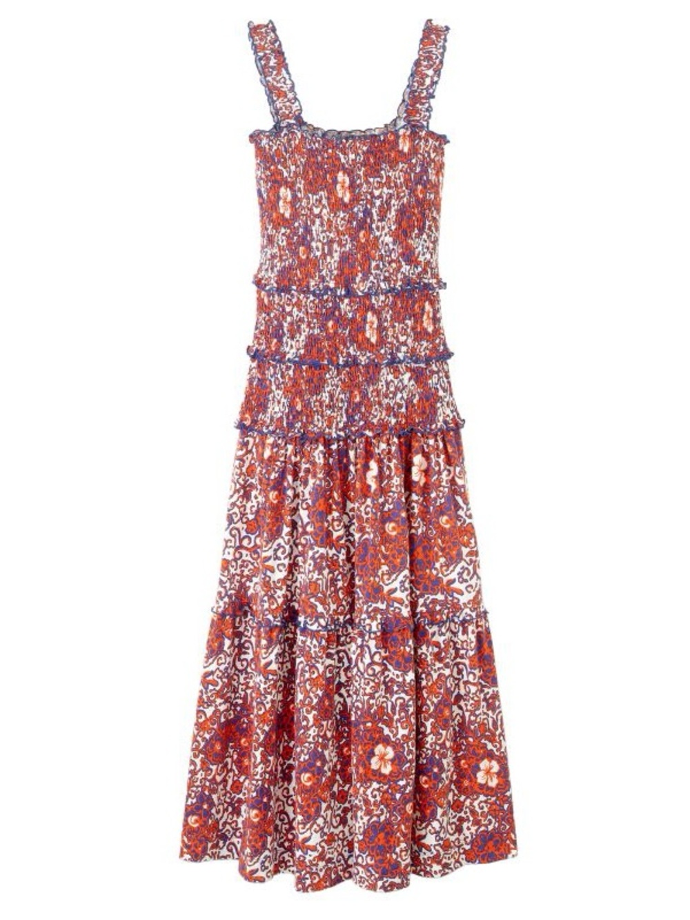 ME+EM Floral Smocked Tiered Midi Dress in Red and Purple